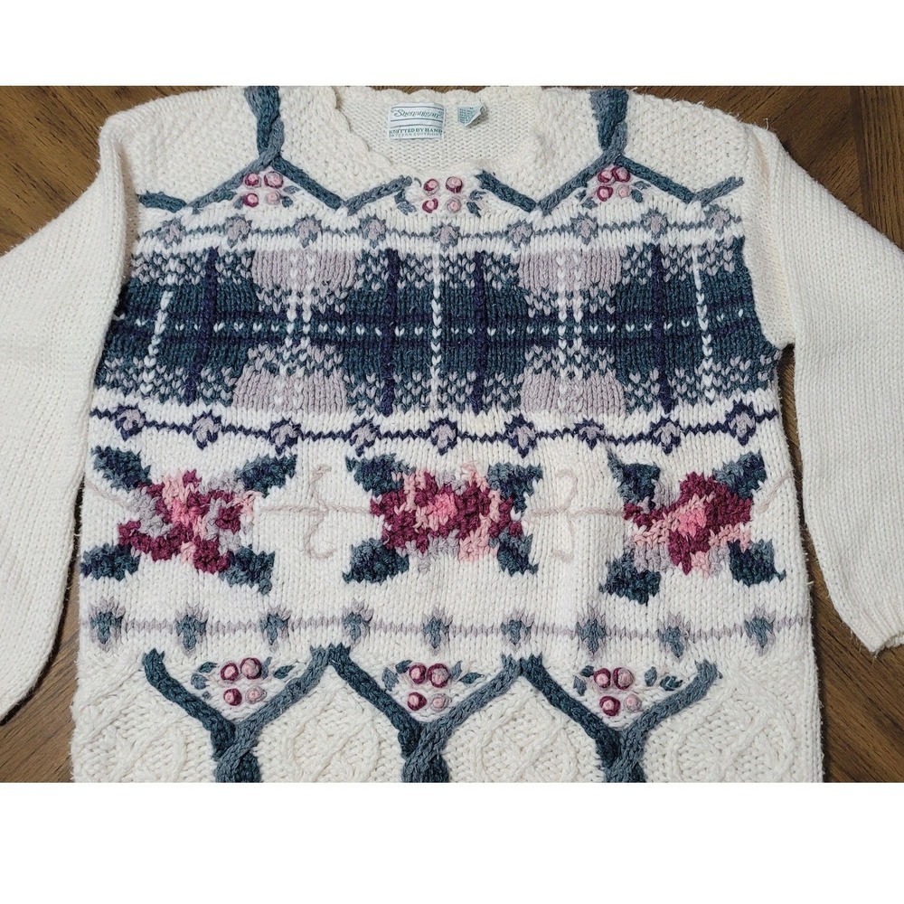 Shenanigans Vtg Hand Knitted cottagecore Floral Sweater Ramie Blend M